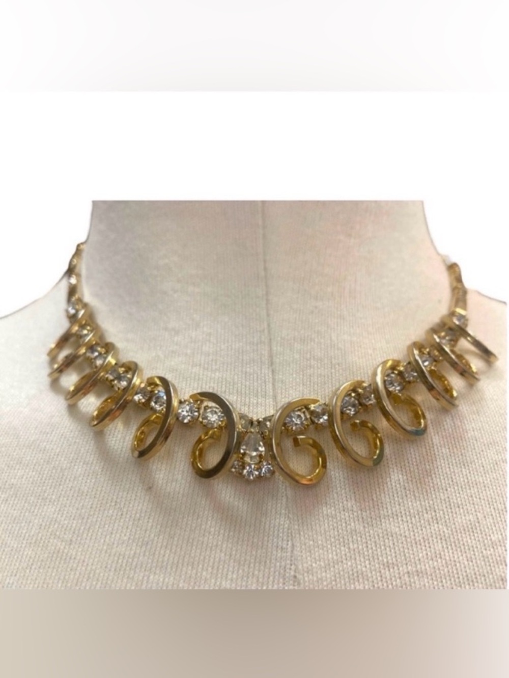 Vintage Crystal Rhinestone Bib Necklace 15-18” Gold Tone Chain